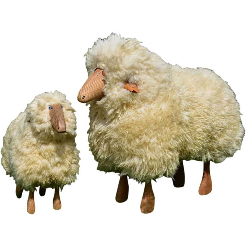 Paire de moutons vintage en laine Sculpture de Hans-Peter Krafft pour Meier Allemagne