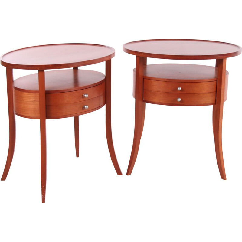 Pair of vintage oval bedside tables made of cherry wood Italian 