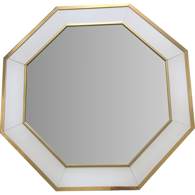 Vintage white lacquer and brass mirror by Jean Claude Mahey, 1970