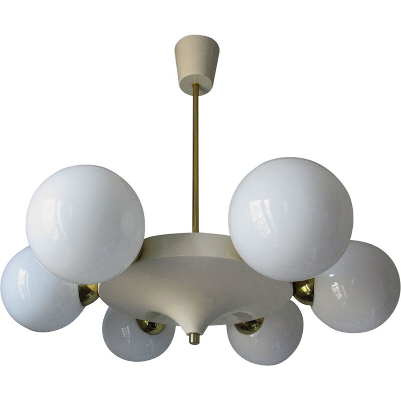 Vintage opaline, cream lacquer and brass chandelier, Italy 1960