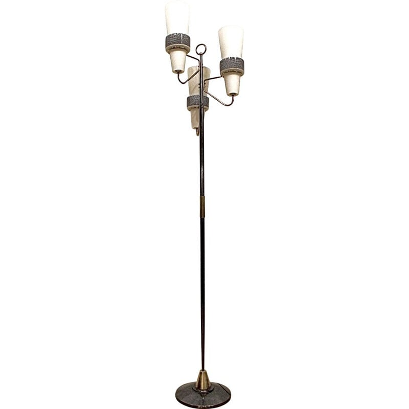 Vintage three-headed floor lamp in opaline and brass, Maison Arlus, France 1950 