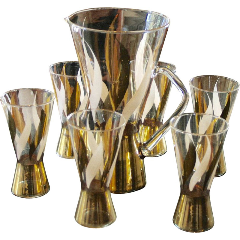 Vintage gold decorated glass orangeade set, 1970