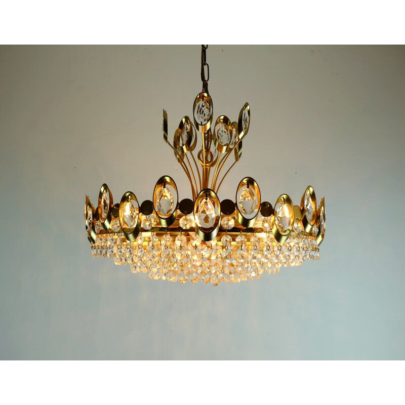 Vintage pendant light chandelier palwa crystal glass and gilt brass, West-Germany 1960s