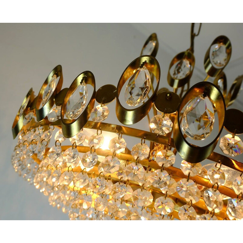 Vintage pendant light chandelier palwa crystal glass and gilt brass, West-Germany 1960s