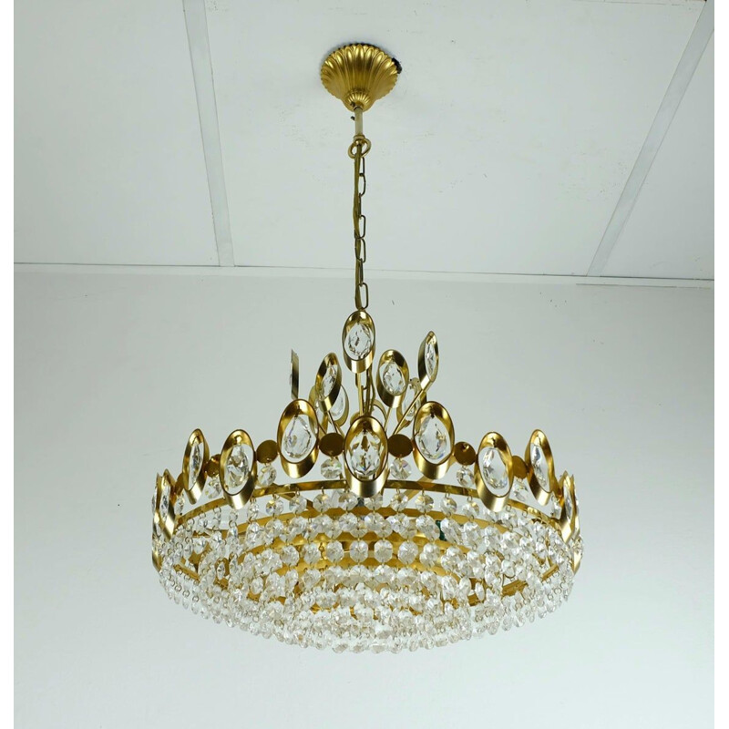 Vintage pendant light chandelier palwa crystal glass and gilt brass, West-Germany 1960s