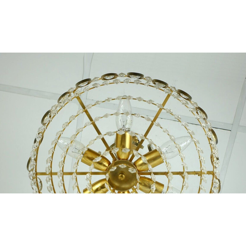 Vintage pendant light chandelier palwa crystal glass and gilt brass, West-Germany 1960s