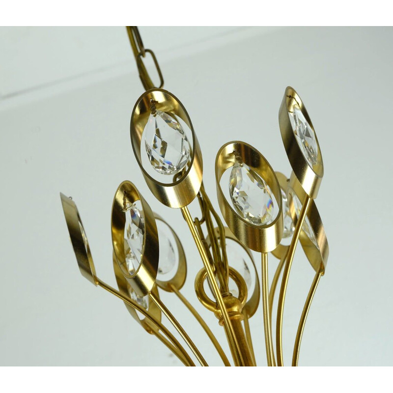 Vintage pendant light chandelier palwa crystal glass and gilt brass, West-Germany 1960s