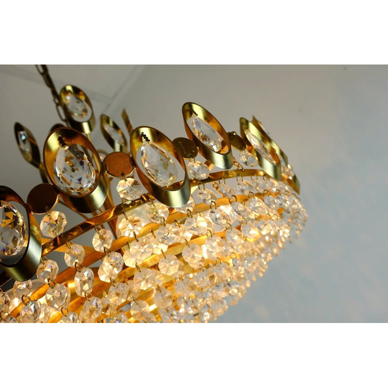 Vintage pendant light chandelier palwa crystal glass and gilt brass, West-Germany 1960s