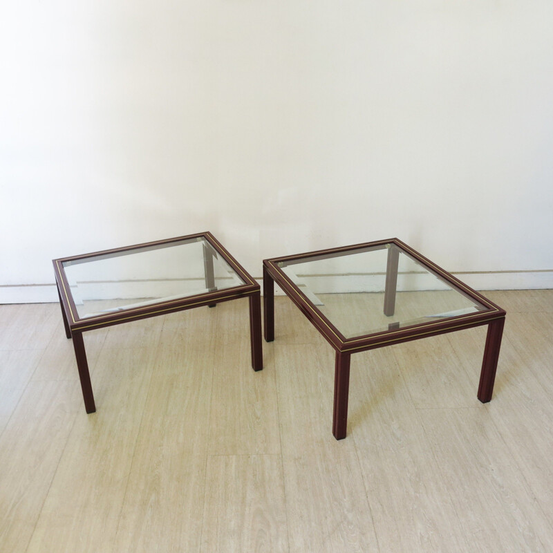 Pareja de mesas auxiliares vintage de cristal y metal de Pierre Vandel, Francia 1970