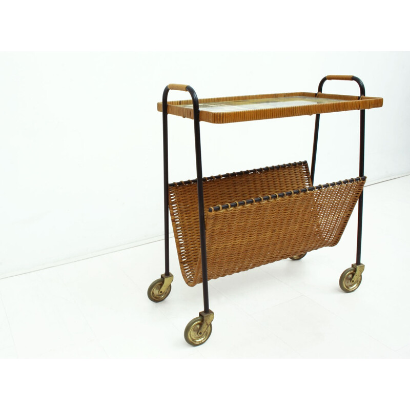 Serving trolley in metal and rattan - 1950s