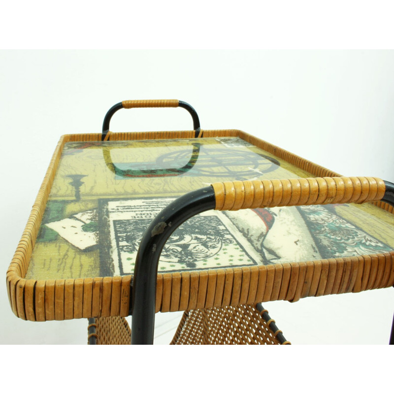 Serving trolley in metal and rattan - 1950s