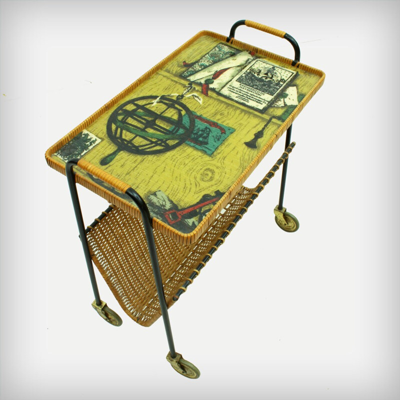 Serving trolley in metal and rattan - 1950s