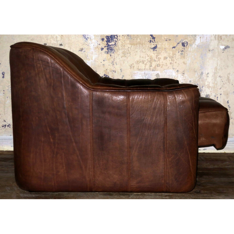 Vintage De Sede Buffalo Leather Extendable Lounge Chair & Ottoman, Swizerland 1960s