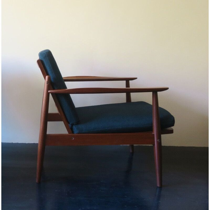 Vintage Teak and Sea Blue Green Fabric Lounge Chair, Scandinavian 1960s