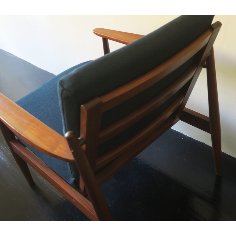 Vintage Teak and Sea Blue Green Fabric Lounge Chair, Scandinavian 1960s