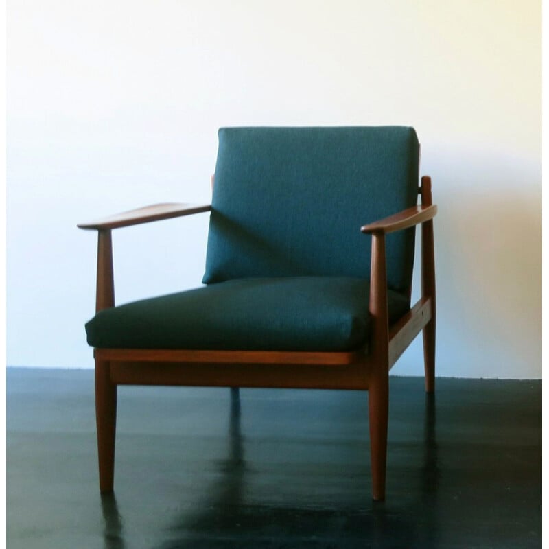 Fauteuil lounge vintage en teck et tissu bleu marine vert, Scandinave 1960