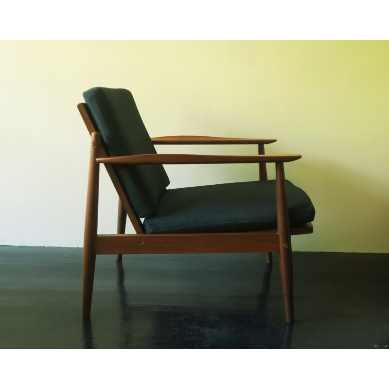 Vintage Teak and Sea Blue Green Fabric Lounge Chair, Scandinavian 1960s