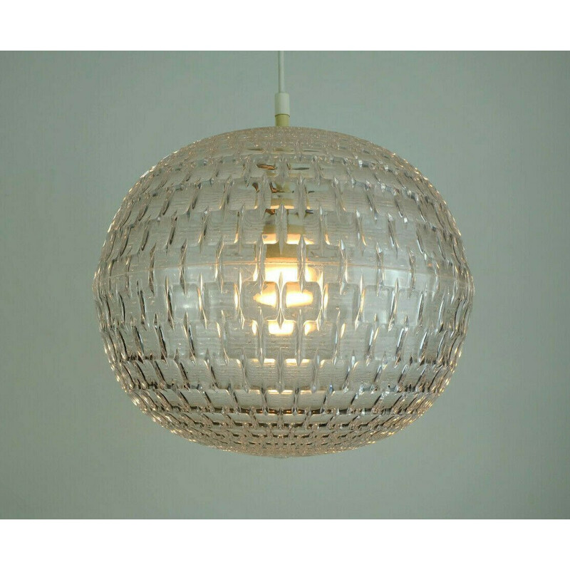 Vintage modern pendant light op art relief surface transparent plastic erco leuchten crystal look, Germany 1960s