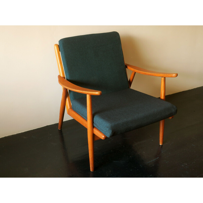 Vintage oak lounge chair with sea blue-green covers, Scandinavian 1950s