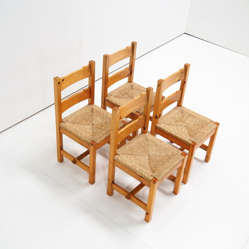 onderpand Proportioneel kwaad Set van 4 vintage grenen houten stoelen met strozitting 1970