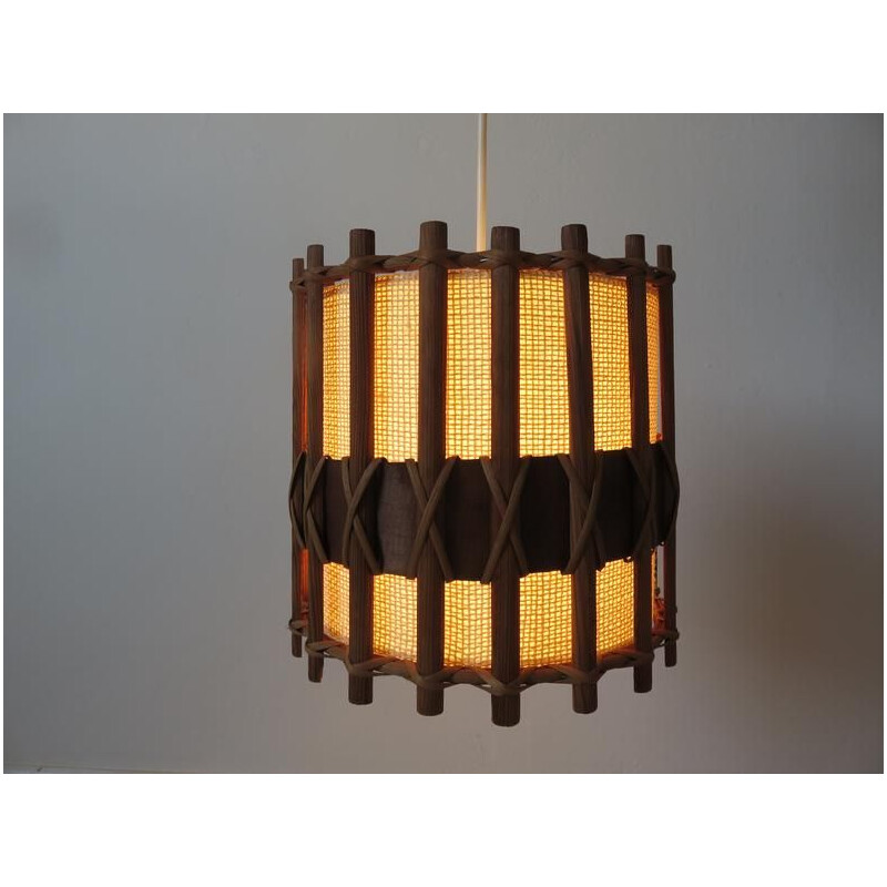 Lampada a sospensione vintage in teak e tessuto, Scandinavia 1960