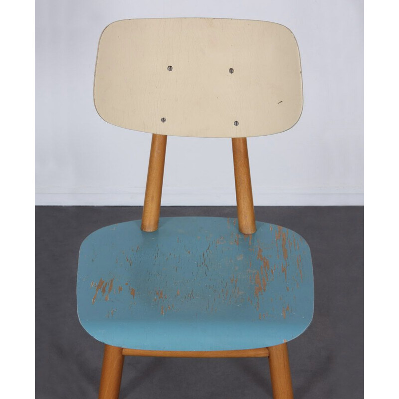 Vintage wooden chair with blue seat by Ton 1960