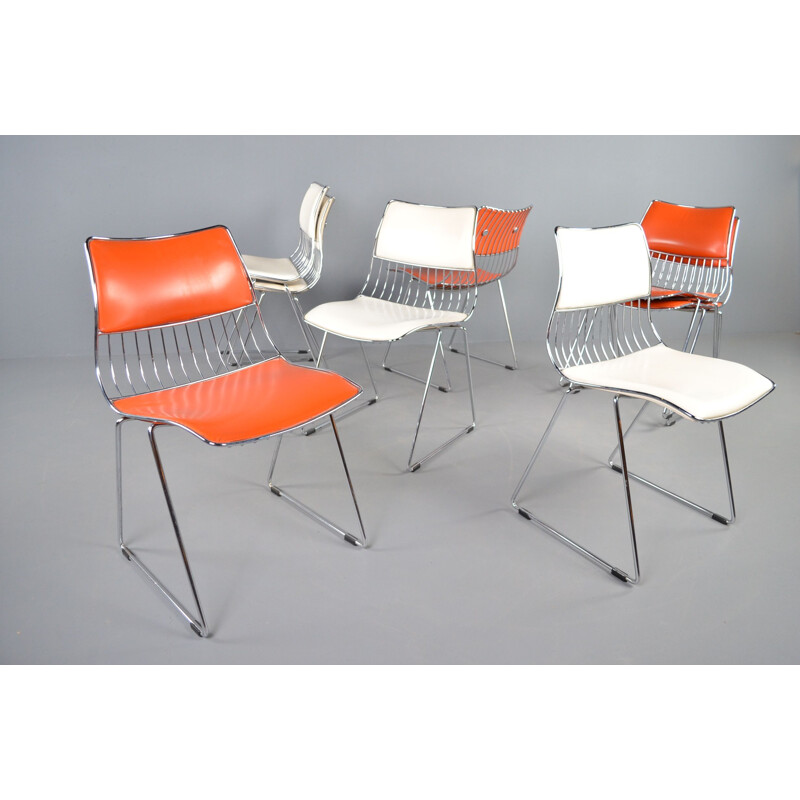 Lot de 8 chaises vintage Novalux en fil métallique et skaï chromé par Rudi Verelst 1970