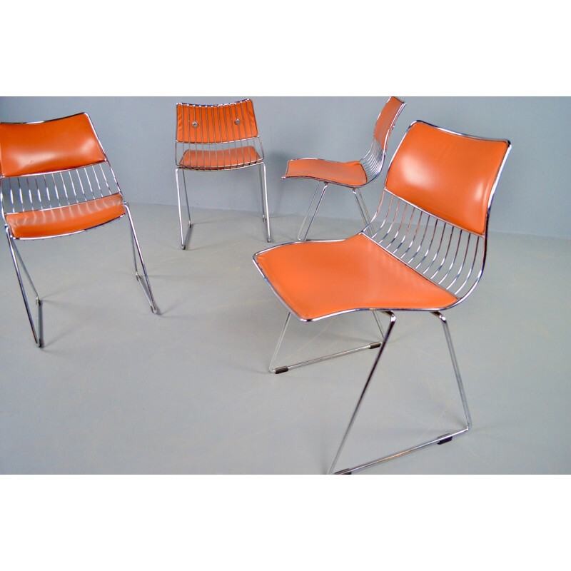 Lot de 8 chaises vintage Novalux en fil métallique et skaï chromé par Rudi Verelst 1970