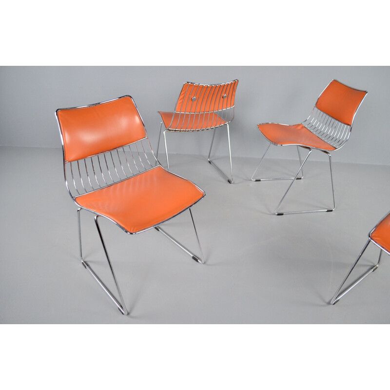 Set of 8 vintage Novalux chairs in wire and chromed skai by Rudi Verelst 1970