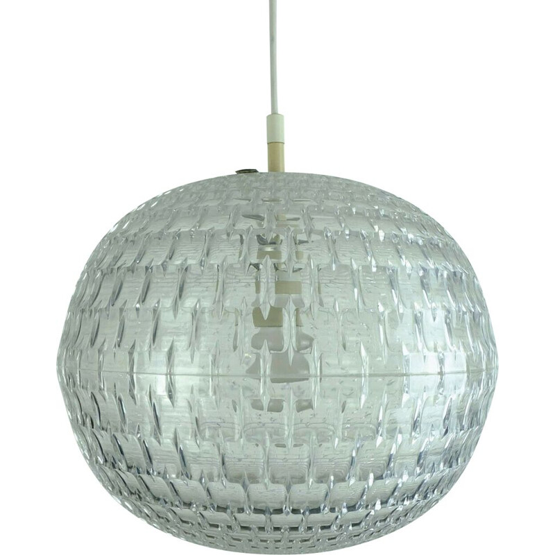 Vintage modern pendant light op art relief surface transparent plastic erco leuchten crystal look, Germany 1960s