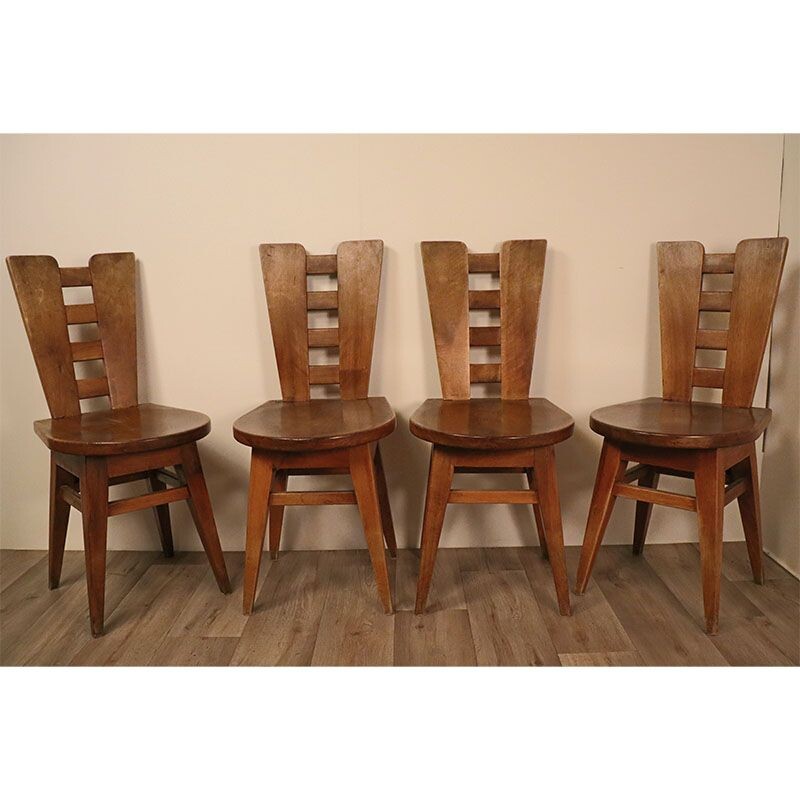 Set of 4 vintage Brutalist wooden chairs 1950