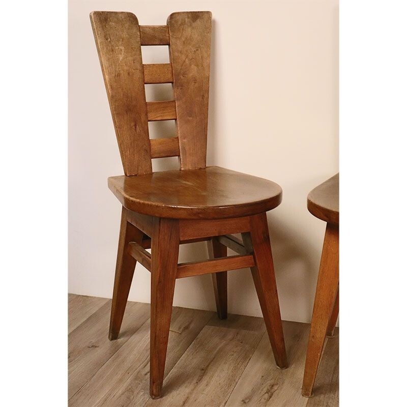 Set of 4 vintage Brutalist wooden chairs 1950