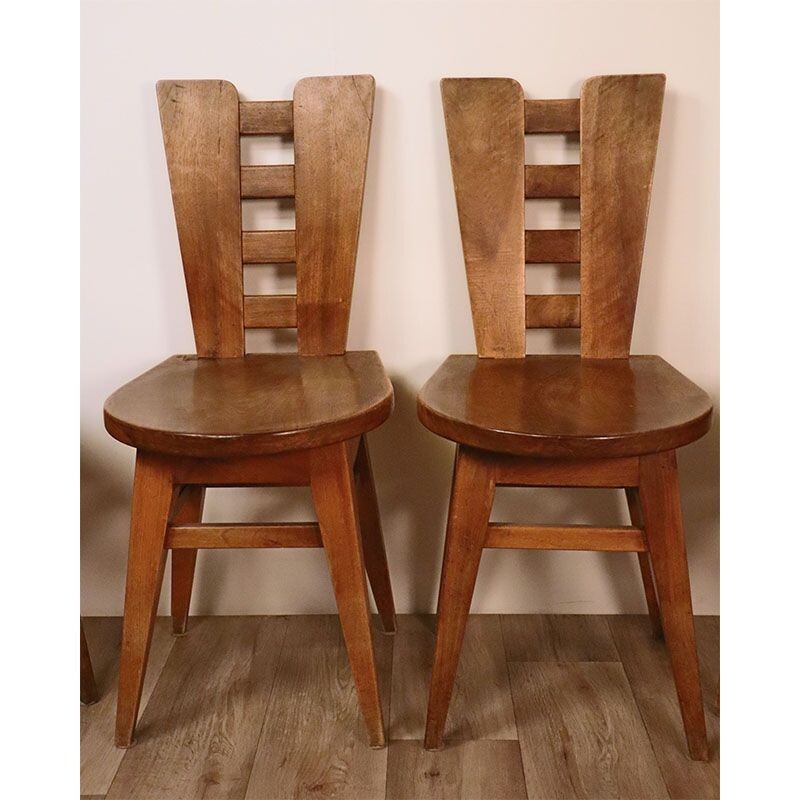 Set of 4 vintage Brutalist wooden chairs 1950