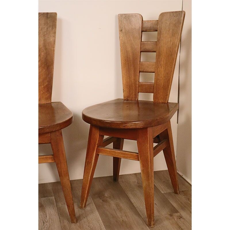 Set of 4 vintage Brutalist wooden chairs 1950