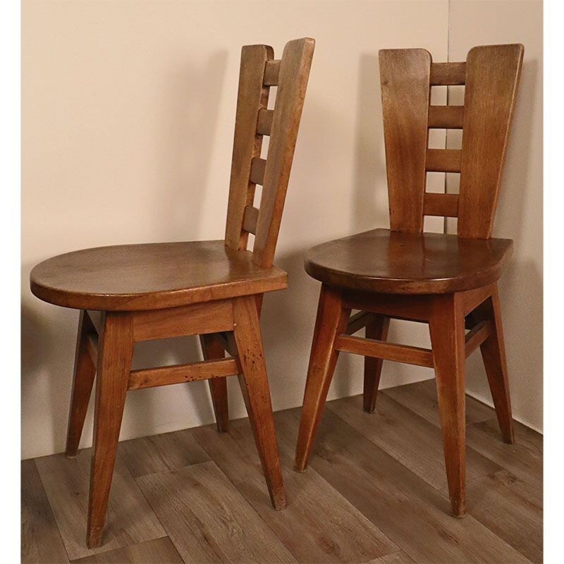 Set of 4 vintage Brutalist wooden chairs 1950