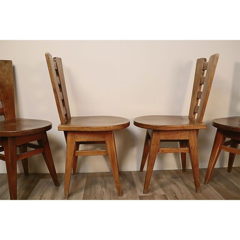 Lot de 4 chaises vintage Brutaliste en bois 1950
