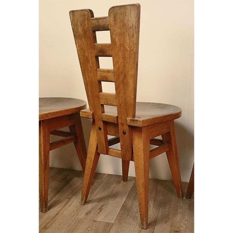 Set of 4 vintage Brutalist wooden chairs 1950