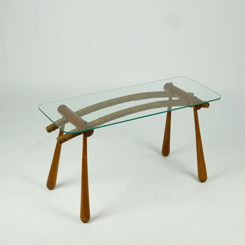 Midcentury Beechwood Side Table with Cord and Glass Top by Max Kment Austrian 1950s