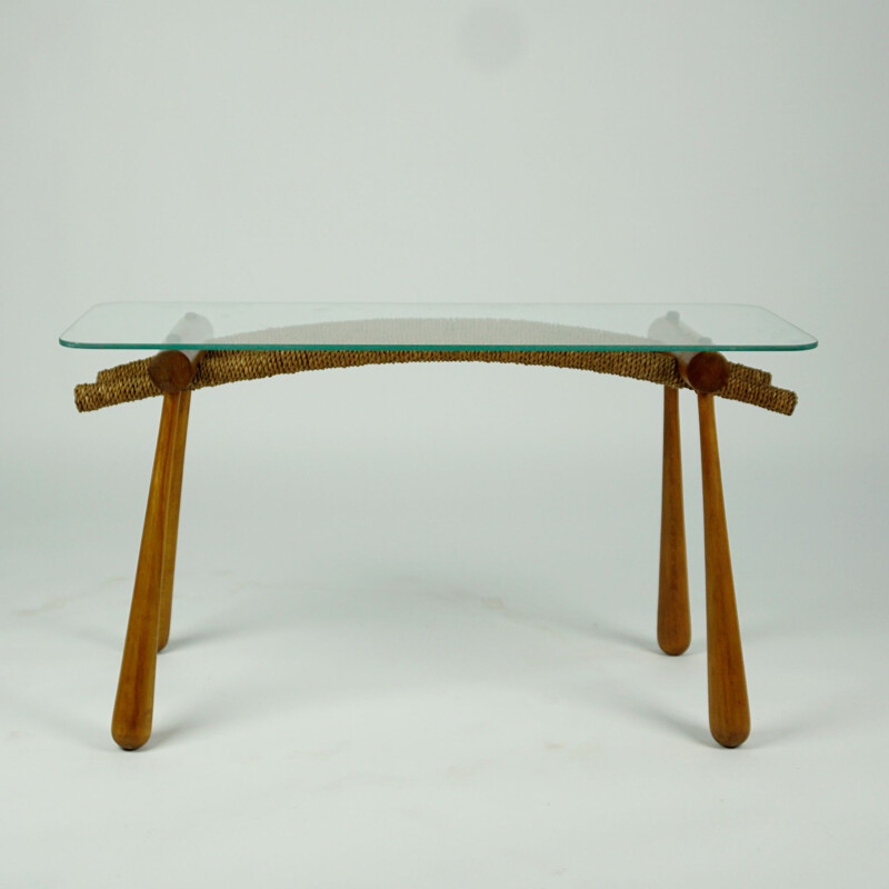 Table d'appoint vintage en bois de hêtre avec cordon et dessus en verre de Max Kment Autrichien 1950