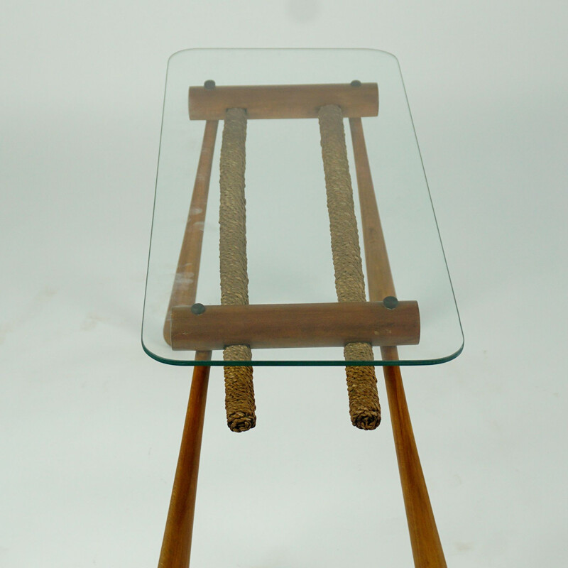 Table d'appoint vintage en bois de hêtre avec cordon et dessus en verre de Max Kment Autrichien 1950