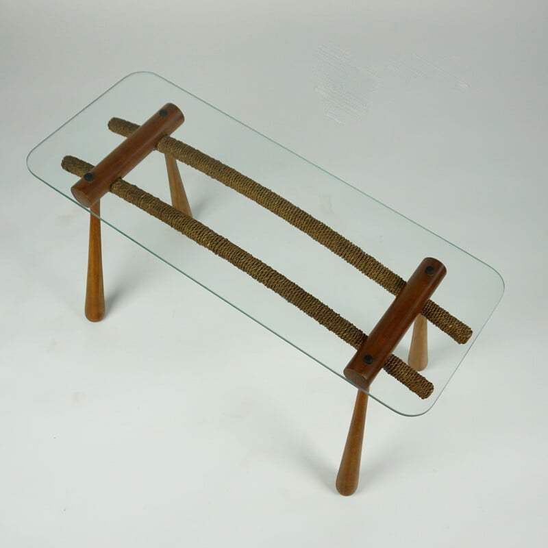 Midcentury Beechwood Side Table with Cord and Glass Top by Max Kment Austrian 1950s