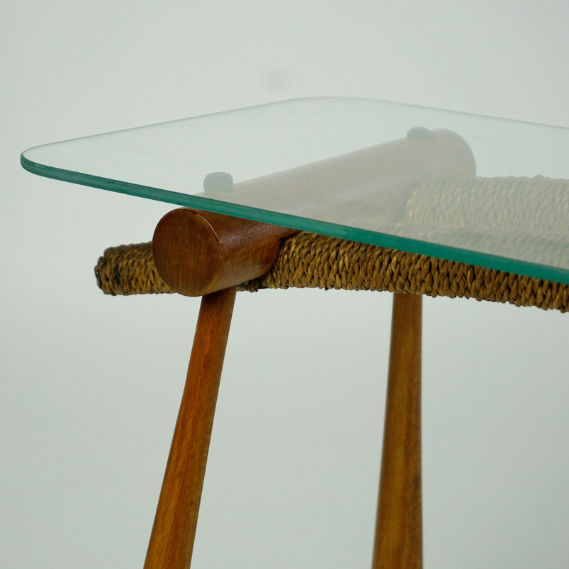 Midcentury Beechwood Side Table with Cord and Glass Top by Max Kment Austrian 1950s