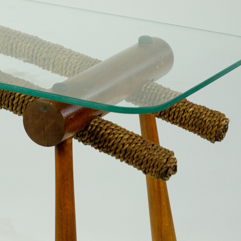 Mesa auxiliar vintage de madera de haya con cuerda y tapa de cristal de Max Kment austriaco 1950