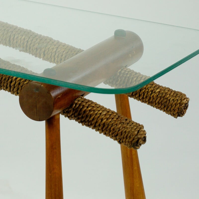 Mesa lateral em faia Vintage com cordão e tampo de vidro por Max Kment Austrian 1950