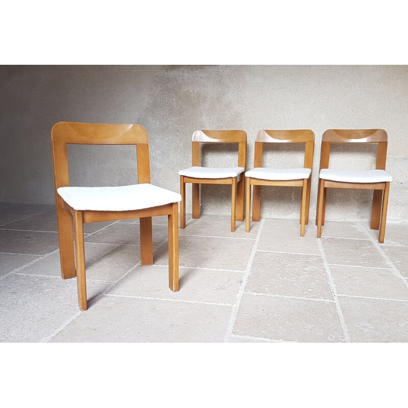 4 Vintage elm and bouclette chairs 1970