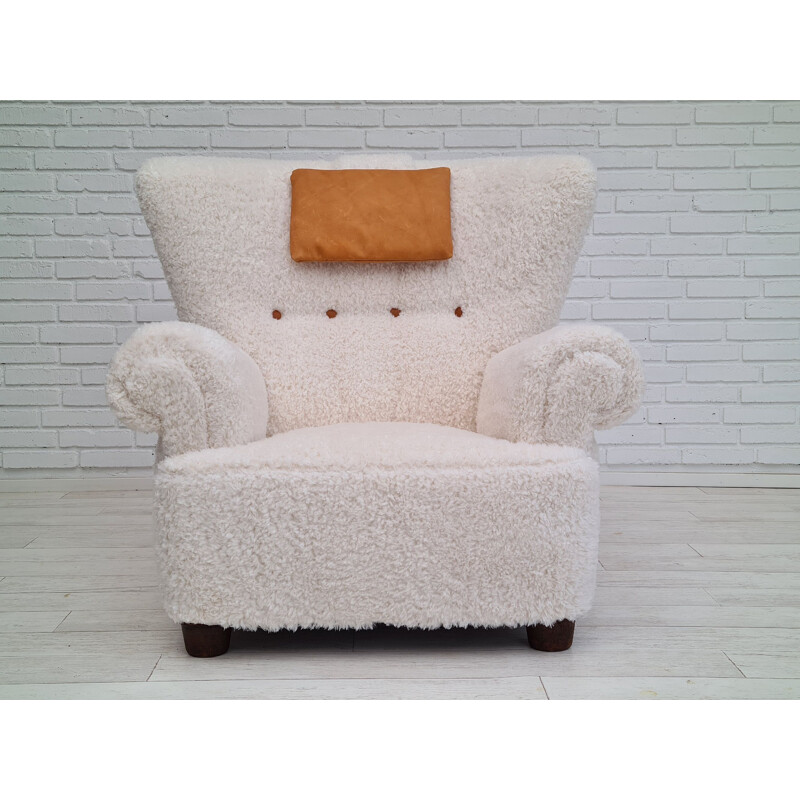 Vintage relax armchair, imitation lambskin Danish 1950s