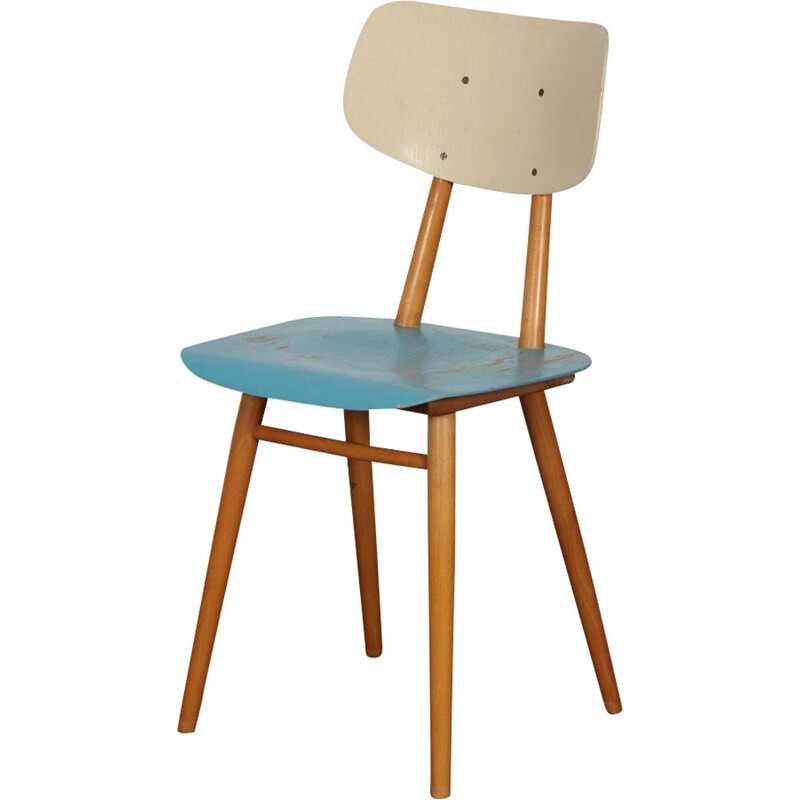 Vintage wooden chair with blue seat by Ton 1960