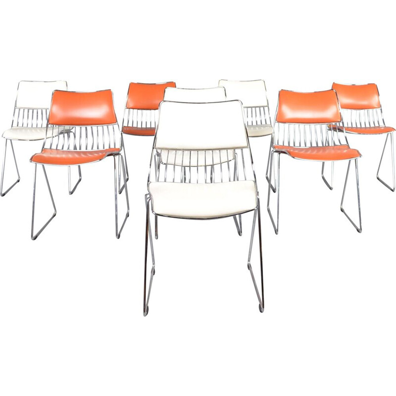 Set of 8 vintage Novalux chairs in wire and chromed skai by Rudi Verelst 1970