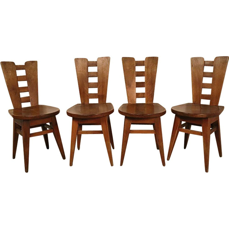 Set of 4 vintage Brutalist wooden chairs 1950