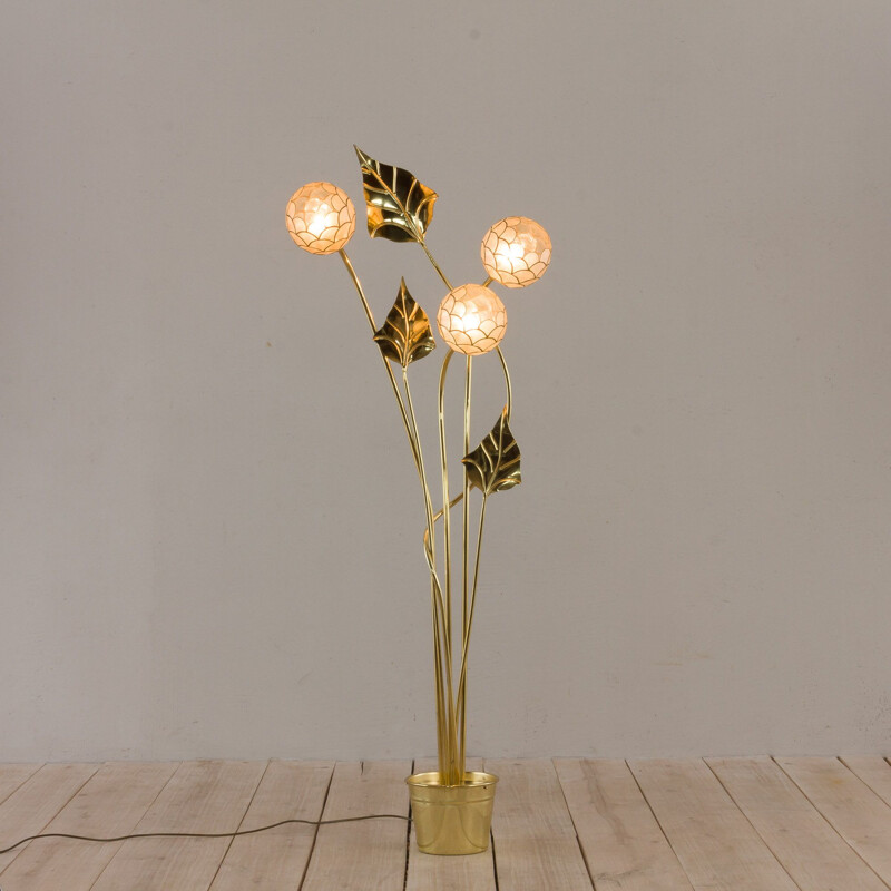 Vintage Brass floor lamp in the style of Tommaso Barbi with floral ornaments Italian